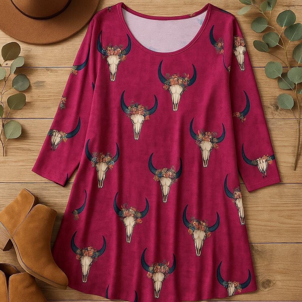 Mayven 5X A-Line Midi Dress, Magenta Floral Bull Skull, Long Sleeve w/ Pockets